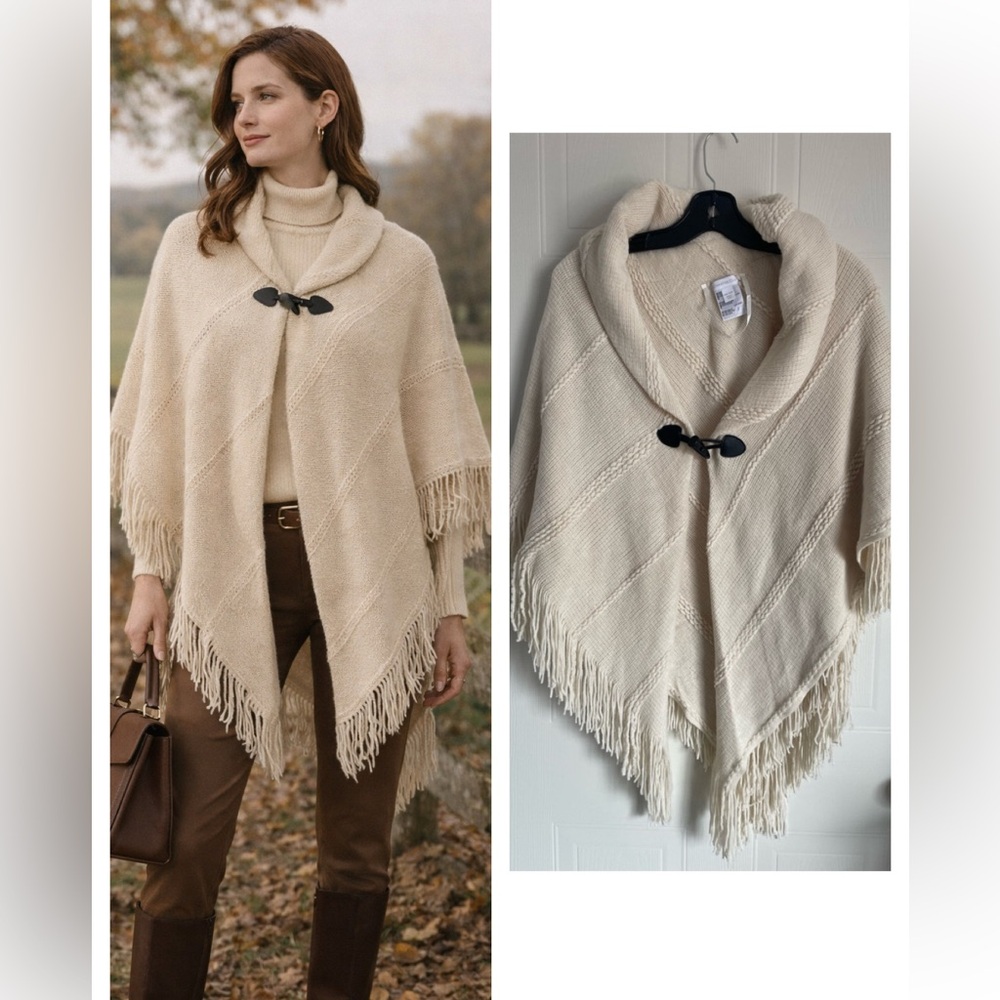 Cream Knit Poncho OS Classic Cozy Heritage Fringe Cape Wrap Layer